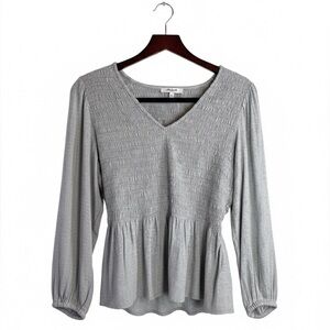 Madewell Lucie Grey V-Neck Smocked Peplum Top Wool Gauze Bubble Sleeve XS